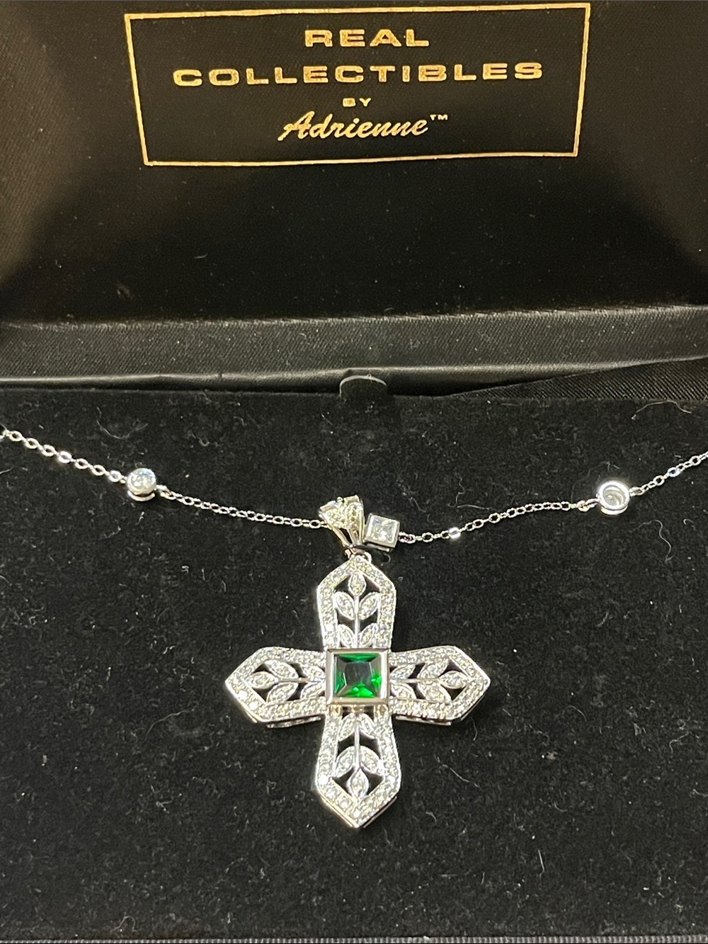 Real Collectibles by Adrienne Silver Cross Pendant Necklace Green Clear Crystals